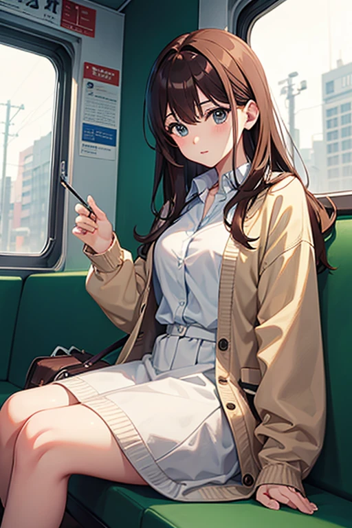 (1) sitting alone on a long train seat,Sit with your legs apart,Showing white panties, Composition from the front,Low Angle,
(2) I&#39;There is a JK, She is wearing a miniskirt uniform, Sailor suit and loose socks.,
(3) I have medium length brown hair,
(4) Provocative, smirking expression.,
(5) The location is a long seat on the Yamanote Line at night..,There are no other customers,The view outside the window is the night view of the city.