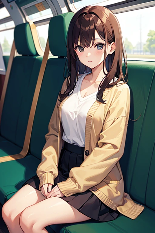masterpiece, highest quality, High resolution,Anime Style、Brown Hair、long、Put on a cardigan、Sit on the train