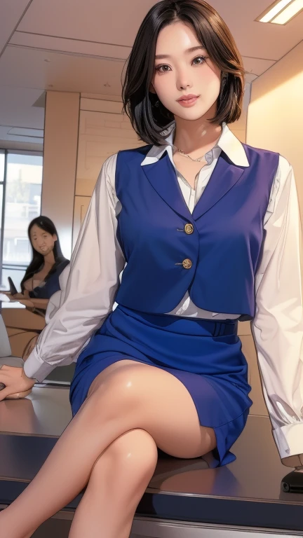 Photo shoot by a professional photographer, UHD, accurate, masterpiece, anatomically correct, textured skin, super detail, high details, high quality, 8k, 最high quality, In 8K, Masseter region, Vibrant, Sharp focus, high quality, High resolution, Detailed face, fine grain, Thick lips, (Looking at the audience), alone, Beautiful woman, 38 years old, Japanese women, （Short black hair:1.4）、（Bob Hair:1.4）, Cleavage, Lunch break、（Silicon Valley IT company headquarters、Large lobby、High ceilings、Large windows、Sit on a bench in the reception area:1.3）、（Full body photo:1）、（Japanese women）、（Female office worker uniform:1.8）, （She is wearing a dark blue vest over a white blouse:1.5）, The vest has three gold buttons, （With a red scarf around your neck）、（Knee-length dark blue skirt）、（Black pumps:1.5）、（Red lipstick:1.1）、（smile:1.3）、（standard body type）、（D cup breasts）