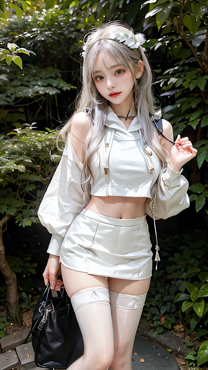 hoodie。From the knee up。Only the navel is exposed。White Hair。in the forest。mini skirt。Knee socks。Standing posture。