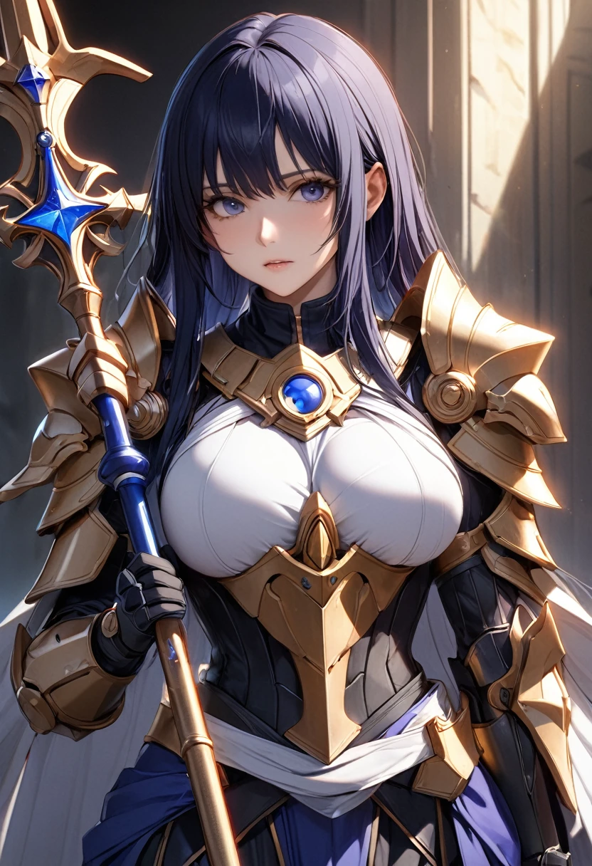Kido_Saori, Are standing, alone, big_chest, Athena Cross_armor, Saori_accessories, staff_Nod, masterpiece, highest quality, Detailed face, Fine grain, High resolution,