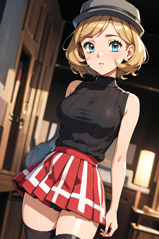 (masterpiece, best quality), 1girl,    pkmnserena, 1girl, solo, blue eyes, blonde hair, short hair, bangs, hat, grey headwear,, black shirt, turtleneck, sleeveless, red skirt, pleated skirt, black thighhighs,