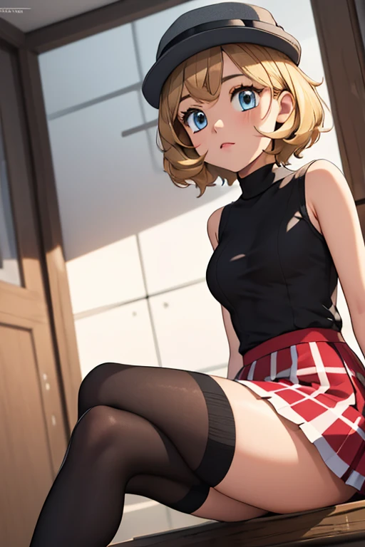 (masterpiece, best quality), 1girl,    pkmnserena, 1girl, solo, blue eyes, blonde hair, short hair, bangs, hat, grey headwear,, black shirt, turtleneck, sleeveless, red skirt, pleated skirt, black thighhighs,