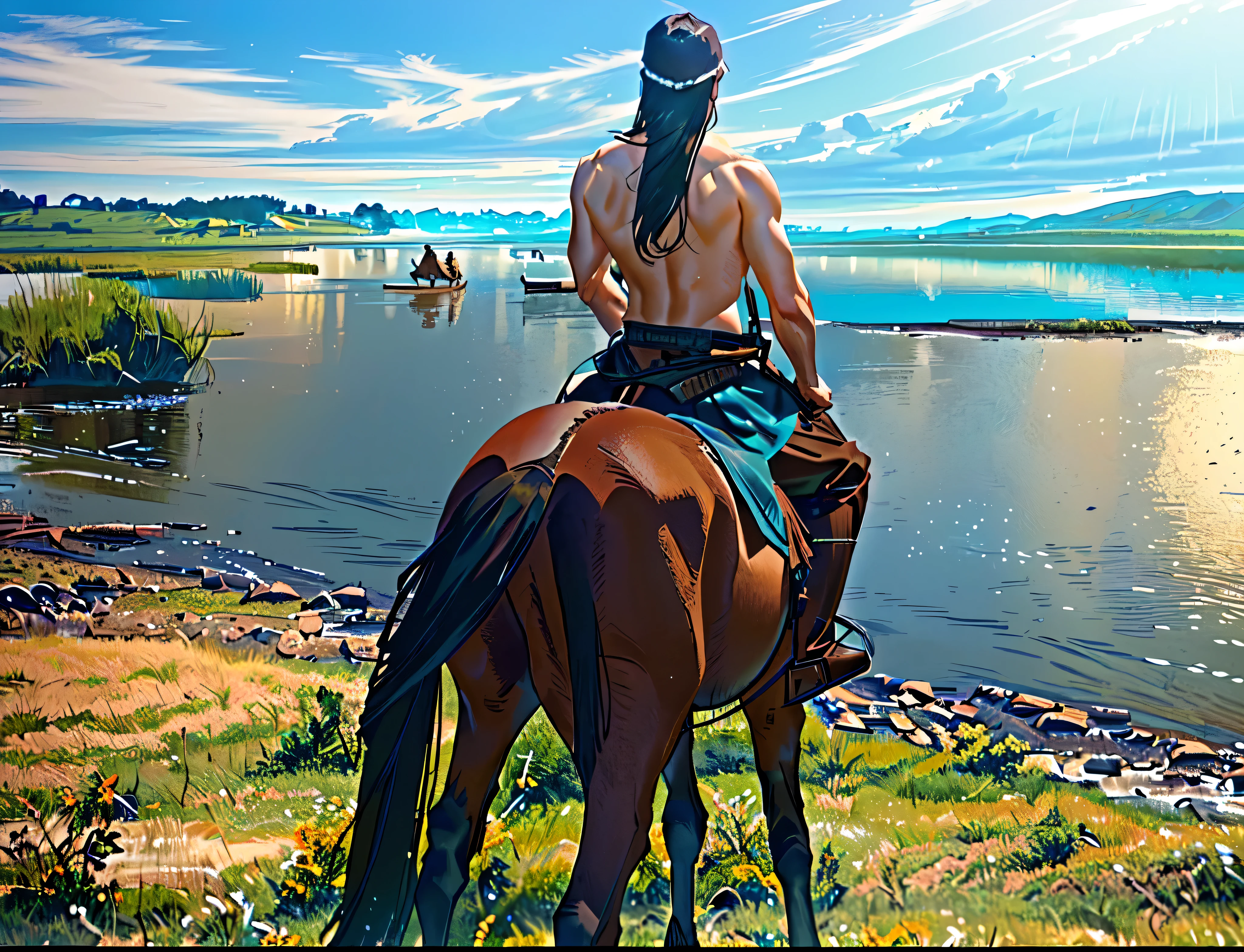 there is a man riding a horse ，muscular，Strong back muscles，by the water, horse riding, Mexican cowboys, adam driver as Centaur warrior, Sihors Valley, riding a horse,  knight, horse knight, horse riding, in a meadow, Horse Warrior, Standing on the Plains of Rohan, Cowboy Behind the Scenes, horse riding, Centaur