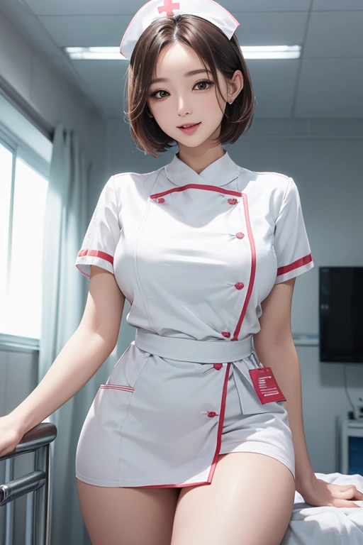 (The ultimate beautiful mature woman), Experienced nurse, Very detailed顔, Detailed lips, Fine grain, double eyelid, Short pixie hairstyles for brunettes, ((Laugh with your mouth closed)), (((Wearing white nurse clothes)))), Big Breasts, (Thighs Thighs Thighs),  that&#39;s right, perfectionなボディ, perfectionな顔, (((background: A hospital room with many medical devices)))、Cowboy Shot, (Depth of the written border), perfectionな画像リアリズム, With detailed background, Detailed costume, perfection、Hyperrealism、Realistic、Maximum resolution 8K, (masterpiece), Very detailed, Professional