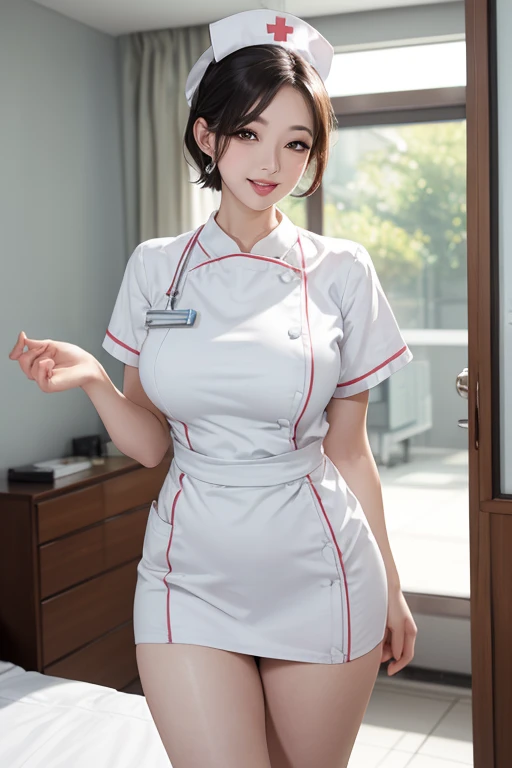 (The ultimate beautiful mature woman), Experienced nurse, Very detailed顔, Detailed lips, Fine grain, double eyelid, Short pixie hairstyles for brunettes, ((Laugh with your mouth closed)), (((Wearing white nurse clothes)))), Big Breasts, (Thighs Thighs Thighs),  that&#39;s right, perfectionなボディ, perfectionな顔, (((background: A hospital room with many medical devices)))、Cowboy Shot, (Depth of the written border), perfectionな画像リアリズム, With detailed background, Detailed costume, perfection、Hyperrealism、Realistic、Maximum resolution 8K, (masterpiece), Very detailed, Professional