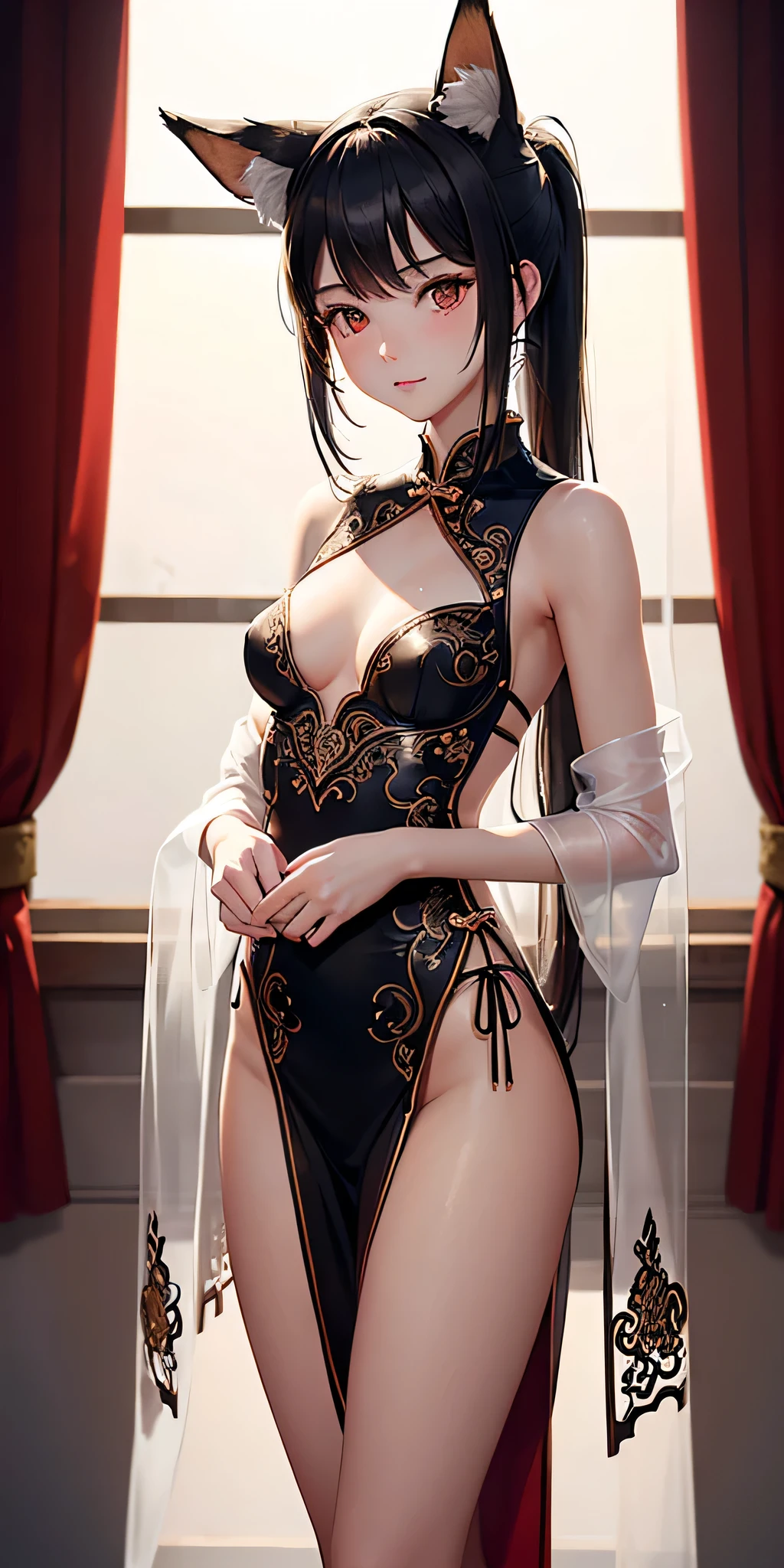 (Masterpiece, Top Quality, Best Quality, Official Art, Beauty and Aesthetics: 1.2), (1 Beauty: 1.3), (Fractal Art: 1.3), (Head Clip: 1.2), Clipped Black Hair, Cheongsam, Black Foot Socks, Garter Belt, Gentleness, Intellectual, Close-up of Face