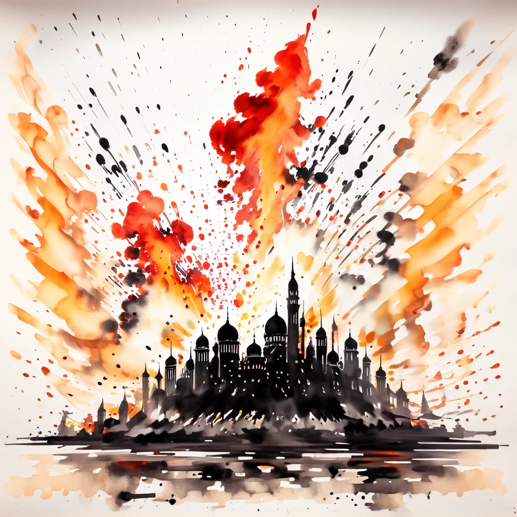 Abstract ink illustration A middle eastern city is on fire, with black smoke filling the sky and red and orange flames leaping from buildings. There are also explosions going on. There is red water splashing everywhere. Focus shot from above