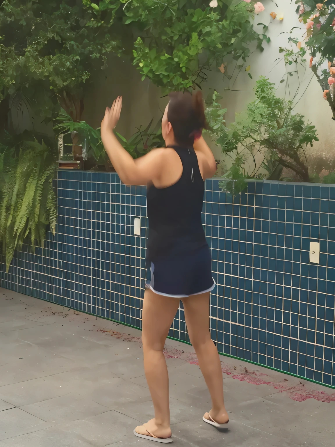 woman in a black tank top and blue shorts playing frisbee, outside, side view of her taking steps, twirling, back - shot, fat latin woman dancing, other women dancing behind, she is dancing, in an action pose, in full growth from the back, tai chi, dancing in the background, medium shot taken from behind, back shot, rear-shot