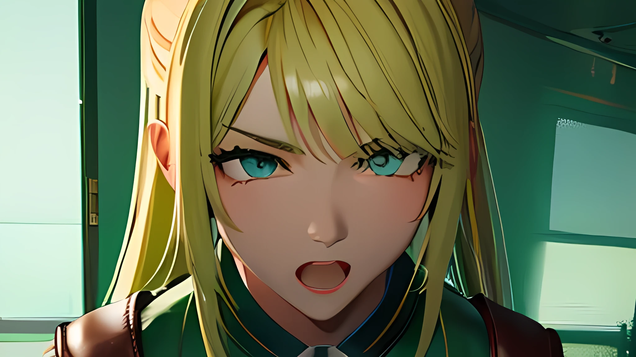 Korean、1 girl、blonde、amount、Green Leather Shirt、Face Up、