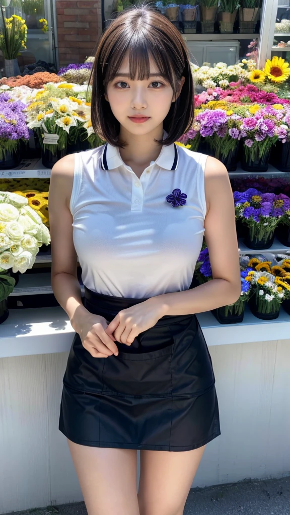 (masterpiece:1.3, top-quality, ultra high res, ultra detailed), (realistic, photorealistic:1.2), beautiful illustration, perfect lighting, natural lighting, colorful, depth of fields, ,
beautiful detailed hair, beautiful detailed face, beautiful detailed eyes, beautiful clavicle, beautiful body, beautiful chest, beautiful thigh, beautiful legs, beautiful fingers, shiny skin,
looking at viewer, 1 girl, japanese, 22 years old, (perfect ???????, anatomically correct, super detailed skin), cute and symmetrical face, babyface, perfect face, perfect eyes, perfect fingers,
(middle hair, straight hair, hair slicked back:1.6, blue hair), parted bangs, dark purple eyes, big eyes, drooping eyes, long eyelashes, faint lips, (large breasts, seductive thighs), outstanding style,
(detailed cloth texture, break, sleeveless collared polo shirt, tight skirt, black ?????), break,
(beautiful scenery), ((behind flower shop:1.5)), standing, ((hold a big bouquet:1.2)), (parted lips),