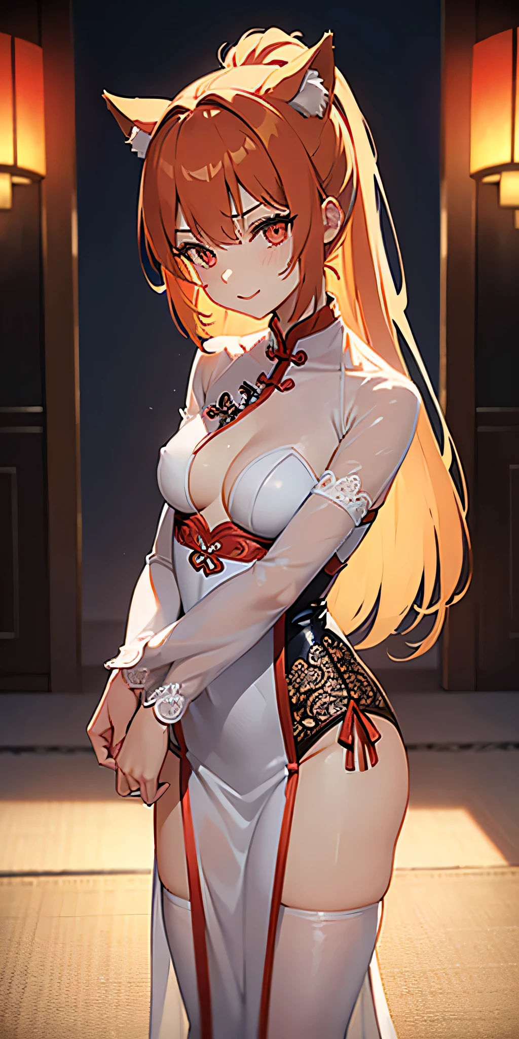 (((professional: Step by step, taking into account even the smallest detail, God-level final result, all intricate details, cowboy shot, solo 1girl view))): "1 fox girl, ruby eyes, fox ears, fox tail, high ponytail, firm breasts, medium breasts, smug, cute, short black china dress, very low-cut, (light clothing very thin and transparent like air), side full body, pelvic curtain, thigh ribbon, (pumps:1), (hugging own leg:1.1), chinese style, indoors, sharp focus, looking at viewer, (intricate:1.3), red light theme, (orange tone:0.7), illustration, nsfw,+18"
