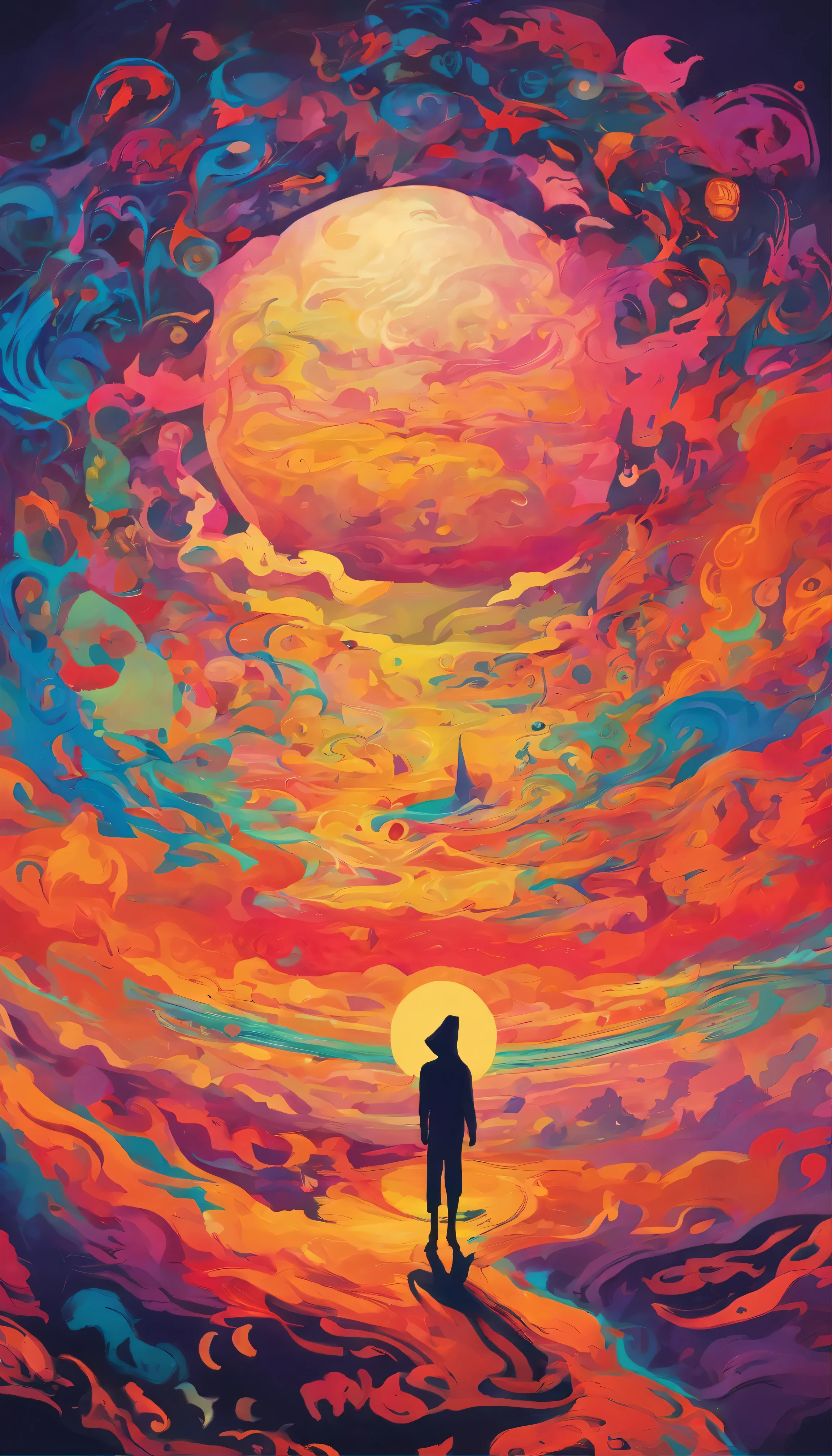 Surreal moonlit landscape、High-resolution artwork、abstract expressionism、mystical figure、Hooded hero、Faceless silhouette、Glowing Glyphs and Symbols、Enhanced by a towering hood and elongated claws、Dramatic night view、The moon&#39;s glow casts an eerie shadow、A mysterious character、Ethereal atmosphere、Supernatural Overtones。
