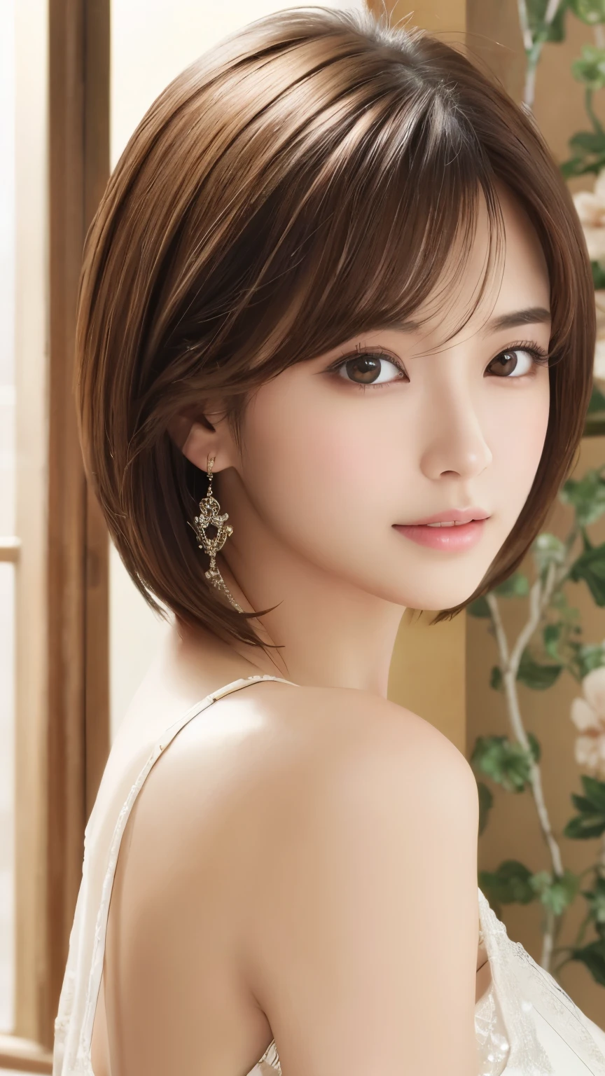 masterpiece、highest quality、High resolution、Tabletop、wallpaper、Realistic、Bright lighting、Professional Lighting、Face Light、Smooth lighting、Japanese women、Adult、Beautiful woman、action、gravure、sexy、poor、so beautiful、Beautiful Skin、Beautiful and detailed、Detailed face、slim、Moderate、short hair、Brunette colored hair、Brown eyes、Looking at the camera