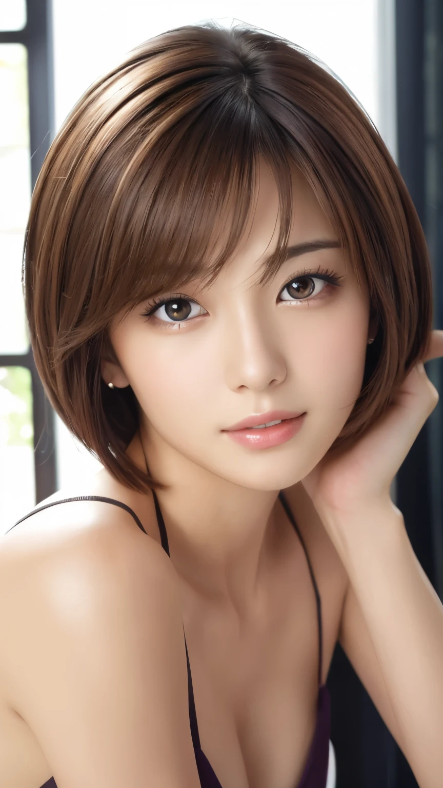 masterpiece、highest quality、High resolution、Tabletop、wallpaper、Realistic、Bright lighting、Professional Lighting、Face Light、Smooth lighting、Japanese women、Adult、Beautiful woman、action、gravure、sexy、poor、so beautiful、Beautiful Skin、Beautiful and detailed、Detailed face、slim、Moderate、short hair、Brunette colored hair、Brown eyes、Looking at the camera