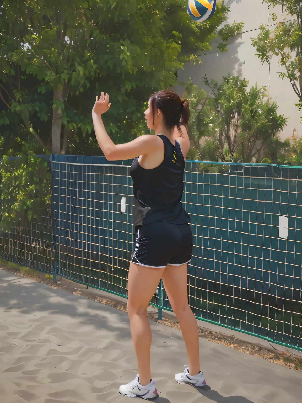 Woman in black tank top and tight black shorts, on the court, outside, side view of her taking steps, spinning, shot from behind, in an action pose, medium shot taken from behind, shot from behind, rear shot to catch one ball, in an action pose, throwing a kick, dynamic action kick, mid kick from behind, back kick, flying kick, back kick, long kick from behind, outside, playing volleyball, jumping horizontally, jumping towards to the spectator, jump towards the spectator, play volleyball, volleyball player, sexy player wearing daring shorts.

A beautiful Brazilian woman, with white skin, dark brown hair. She is around 40 years old, 162 cm tall and weighs 56 kg. Her body exudes glamor and her face is a definition of beauty. Slender body, thin waist. Highly realistic, hyperrealism, very elaborate skin, high quality photo. Sharp Photo, High Resolution, High Quality, Masterpiece, 16K Photo, Sharp Photo, High Contrast, Masterpiece, (Photographically Realistic)), NUDE, NUDITY, NFSW.