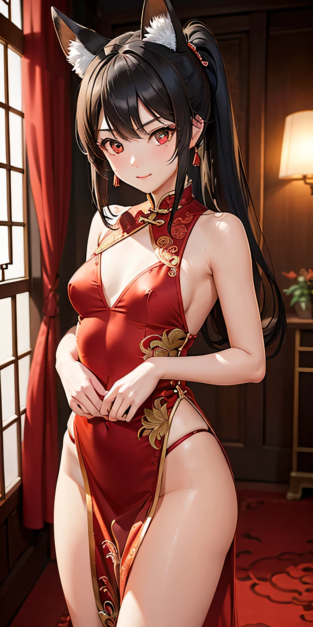 (((professional: Step by step, taking into account even the smallest detail, God-level final result, all intricate details, cowboy shot, solo 1girl view))): "1 fox girl, ruby eyes, fox ears, fox tail, high ponytail, smug, cute, short black china dress, side full body, pelvic curtain, thigh ribbon, (pumps:1), (hugging own leg:1.1), chinese style, indoors, sharp focus, looking at viewer, (intricate:1.3), red light theme, (orange tone:0.7), illustration, random angle, see body ",+18,nsfw