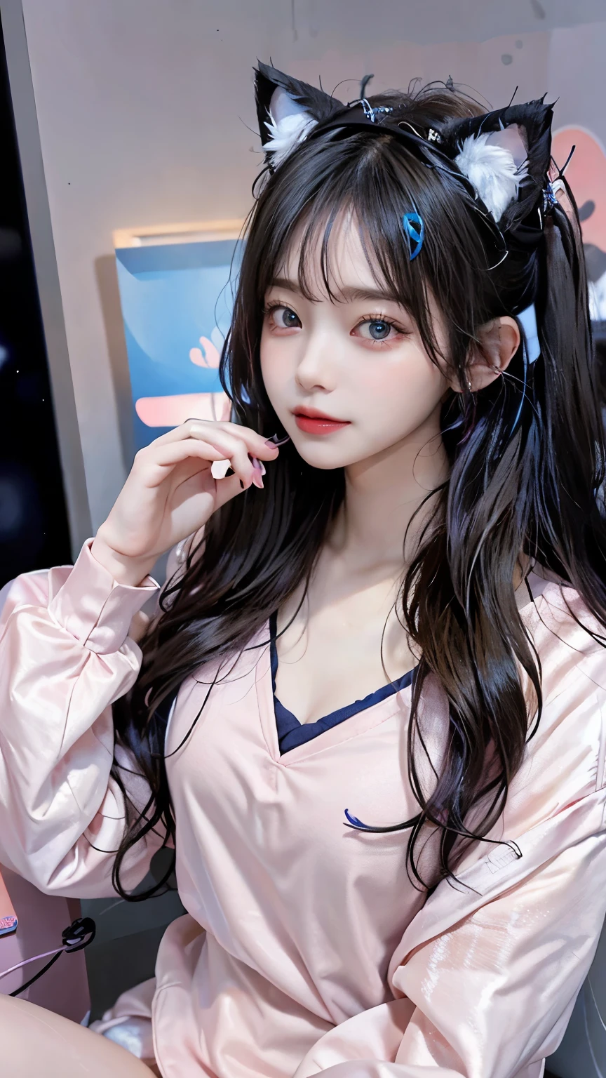 /imagine a beautiful anime girl live streaming from her room, with long black hair, big blue eyes, wearing a pink hoodie and a cute headset with cat ears, sitting in front of a modern computer setup with colorful LED lights, surrounded by plushies and posters on the wall, smiling and engaging with her audience, bright and cheerful atmosphere