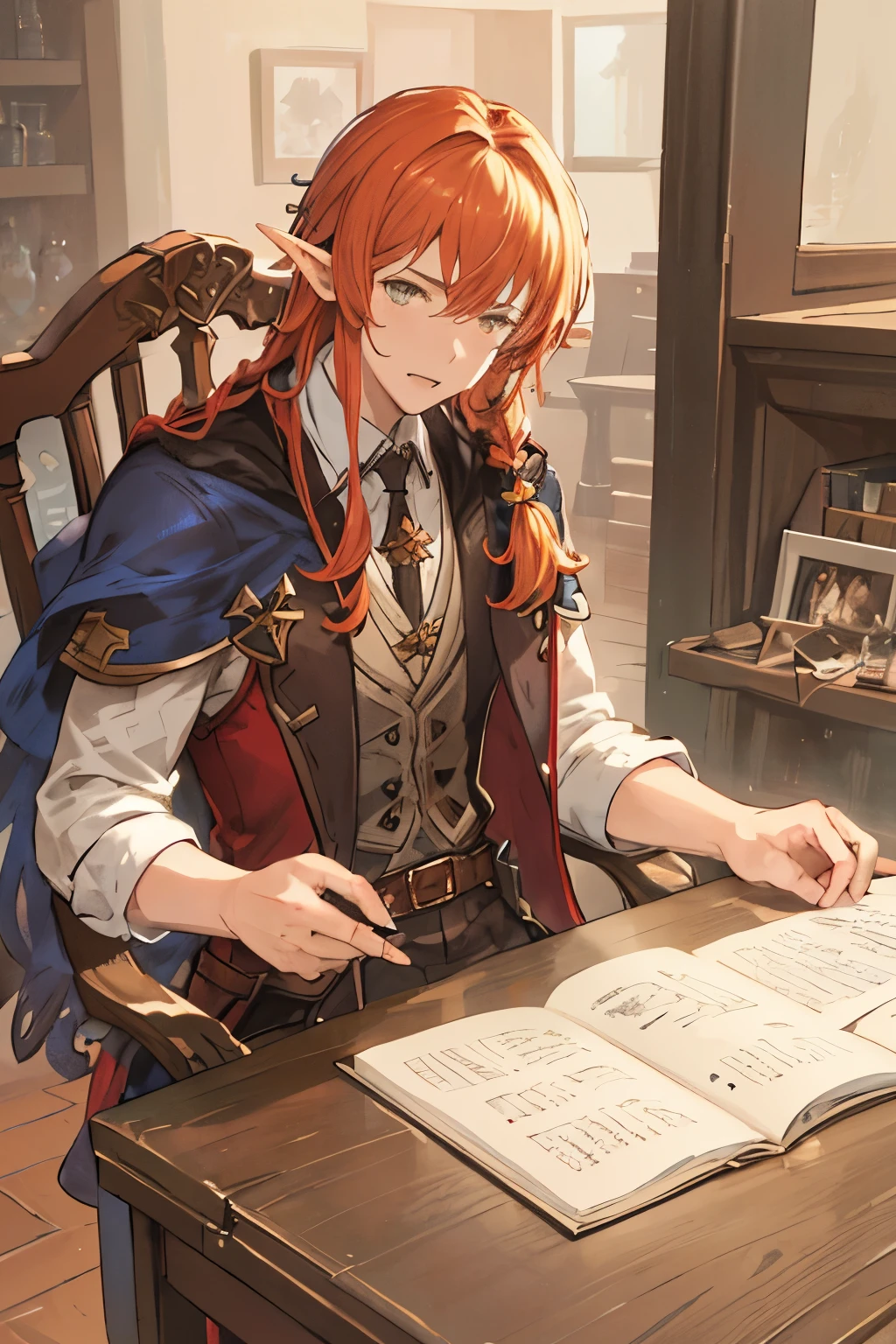 Masterpiece, Best Quality, Ultra-Detailed, 1man, man, mature man, adult man, 30 years old man, ginger hair, dark ginger hair, brown ginger hair, long hair, yellow eyes, golden eyes, pale skin, very pale skin, white skin, freckles, freckles on face, elf, elf ears, pointy ears, long ears, deep eyes, brilliant eyes, very beautiful eyes, high fantasy dark academia clothes, high fantasy social clothes, dark academia clothes, brown clothes, looking at you, serious expression, granblue fantasy style clothes, granblue fantasy clothes style, high fantasy castle background, high fantasy clothes