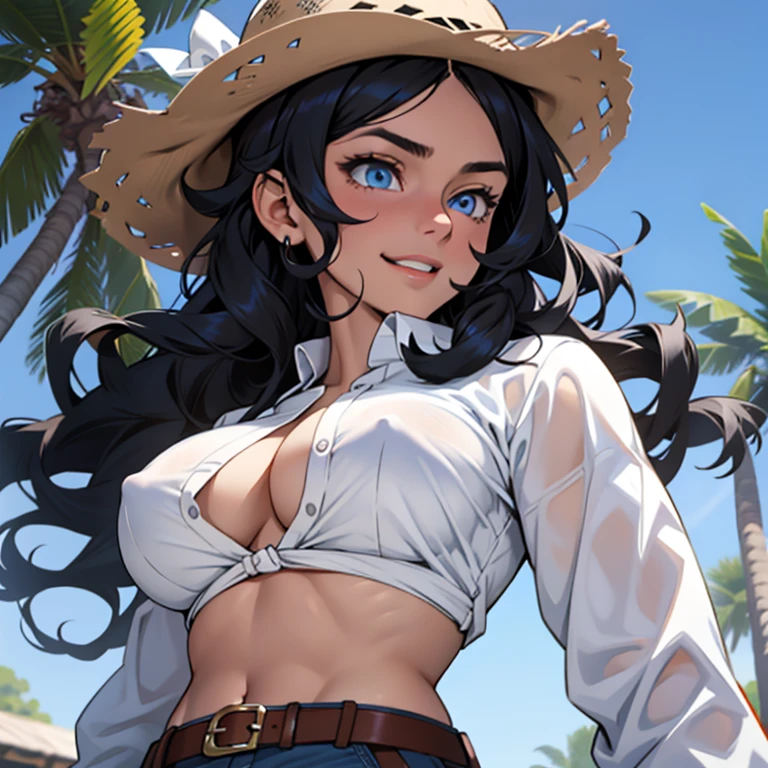 1 girl,black hair,blue eyes, curly hair, white skin,(((fit body))), normal breasts,(happy expression), cowgirl clothes (close up)