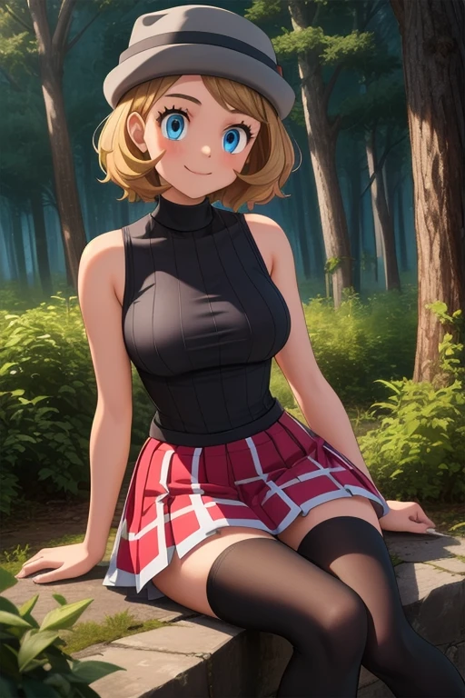 pkmnserena, 1girl, solo, blue eyes, blonde hair, short hair, bangs, hat, grey headwear,
black shirt, turtleneck, sleeveless, red skirt, pleated skirt, black thighhighs,
smile,closed mouth,cowboy shot,sitting,
forest,outdoor,
(insanely detailed, beautiful detailed face, masterpiece, best quality) cinematic lighting,