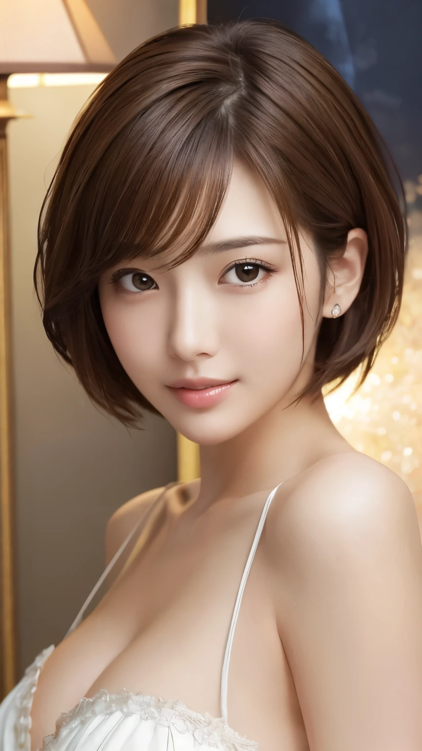 masterpiece、highest quality、High resolution、Tabletop、wallpaper、Realistic、Bright lighting、Professional Lighting、Face Light、Smooth lighting、Japanese women、Adult、Beautiful woman、action、gravure、sexy、poor、so beautiful、Beautiful Skin、Beautiful and detailed、Detailed face、slim、Moderate、short hair、Brunette colored hair、Brown eyes、Looking at the camera