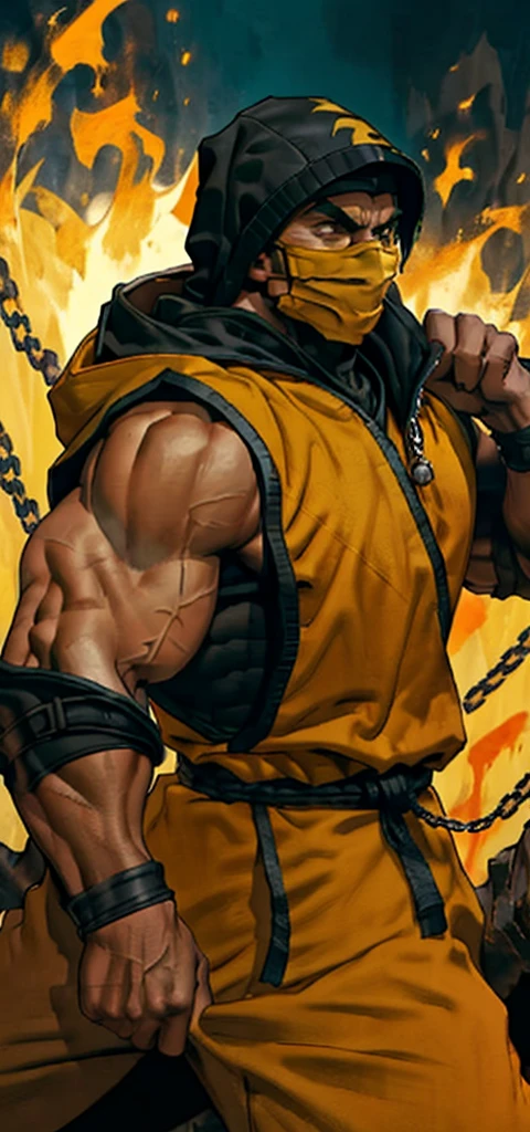 4k, wallpaper, 1 man, solo, Scorpion, mortal kombat, tall, muscular, hunk, yellow and black face mask, chain weapon, wearing orange-ish yellow and black ninja clothes, yellow fabric hood, fire in the background, upper body shot, fighting stance, best quality:1.2, high resolution:1.2, masterpiece, low camera angle, detailed outfit, shadows, volumetric lighting, landscape of hell in the background