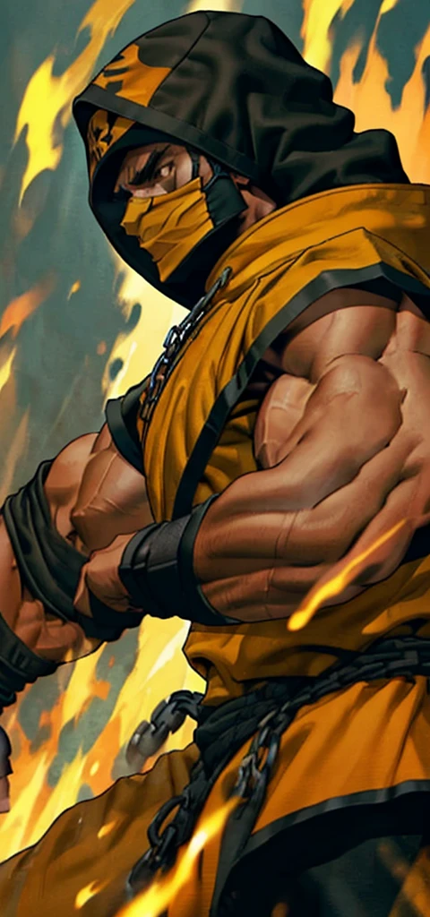 4k, wallpaper, 1 man, solo, Scorpion, mortal kombat, tall, muscular, hunk, yellow and black face mask, chain weapon, wearing orange-ish yellow and black ninja clothes, yellow fabric hood, fire in the background, upper body shot, fighting stance, best quality:1.2, high resolution:1.2, masterpiece, low camera angle, detailed outfit, shadows, volumetric lighting, landscape of hell in the background
