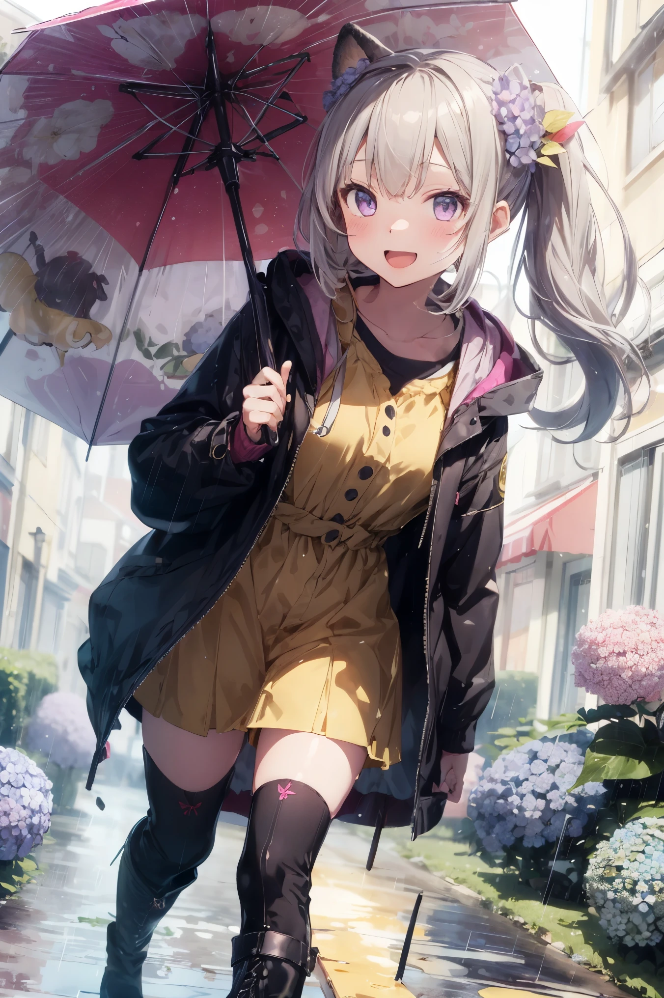 One Girl,rainbow,raincoat,yellow raincoat,rubber Knee-high boots,hydrangea,flower,Long Hair,Twin tails,Knee-high boots,blush,umbrella,Open your mouth,hair ornaments,white background,hood,alone,Terboz,very Long Hair,hood up,Long sleeve,low ponytail,bow,bangs,smile,animal hood,closed umbrella,puddle,full body,:d,snails,Yellow footwear, background,pink flower,standing,leaf umbrella,holding umbrella,food-themed hair ornaments,hair bow,animal ears,holding,blonde hair,hair flower,rain,animal,Gray Hair、Light purple eyes、Bob Hair、Laughter、Purple Raincoat、