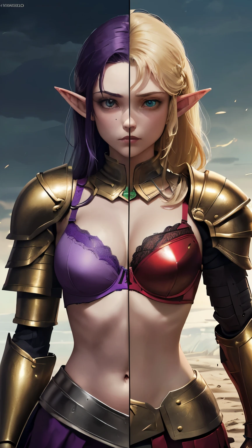 (Highly quality, highly resolutions, highly detailed, masterpiece) Forest background, angry, clenched teeth, ((SplitScreen, splitscreen, slim body, 1girl, green eyes, Elf, pointy ears, blonde hair, natural skin, red Armor, red bra, armored bra, breastplate, gold trim armor, shoulder pads, red shoulder pads, Navel, Abdomen, sexy)), vs, ((SplitScreen, splitscreen, slim body, 1girl, light blue eyes, elf, pointy ears, purple hair, colored skin, blue skin, purple armor, purple bra, armored bra, breastplate, Gold trim armor, shoulder pads, purple shoulder pads, navel, Abdomen, sexy,))