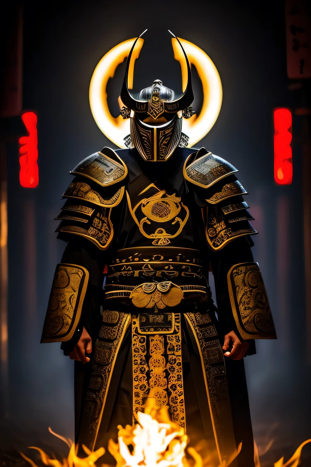 an overlord warrior, with a super cool mask, the place is ancient Japan in the middle of the night.