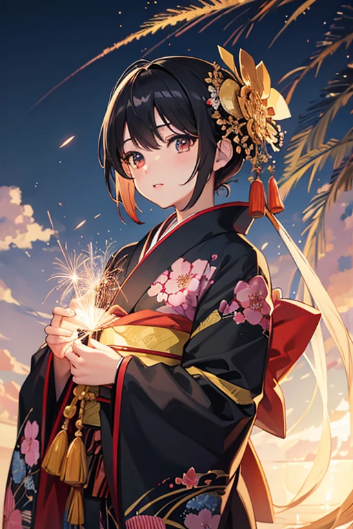 masterpiece, highest quality, High resolution,Anime Style、Black Hair、long、twins、kimono、firework