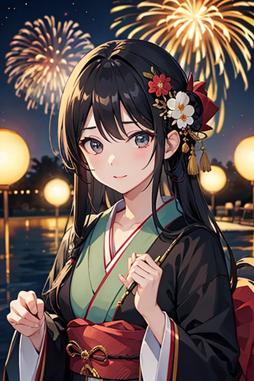 masterpiece, highest quality, High resolution,Anime Style、Black Hair、long、twins、kimono、firework