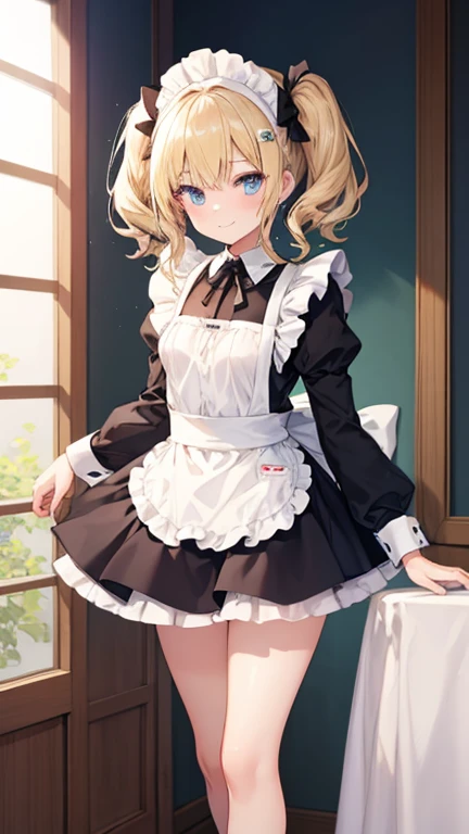 Blonde、Blue Eyes、girl、Small breasts、Twin tails、girl、Small breasts、Lolita、Bright smile、Looks about 、Petan Musume、He is short、Eye highlights、Sexy thighs、Wearing maid uniform、Have a coffee