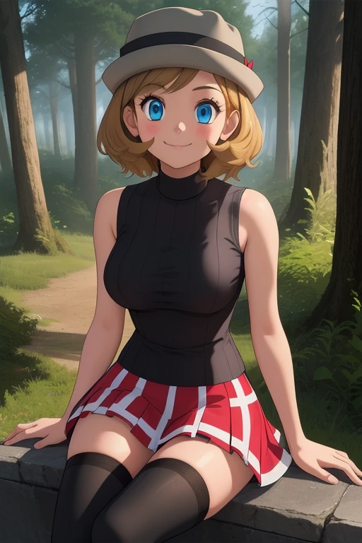 pkmnserena, 1girl, solo, blue eyes, blonde hair, short hair, bangs, hat, grey headwear,
black shirt, turtleneck, sleeveless, red skirt, pleated skirt, black thighhighs,
smile,closed mouth,cowboy shot,sitting,
forest,outdoor,
(insanely detailed, beautiful detailed face, masterpiece, best quality) cinematic lighting,