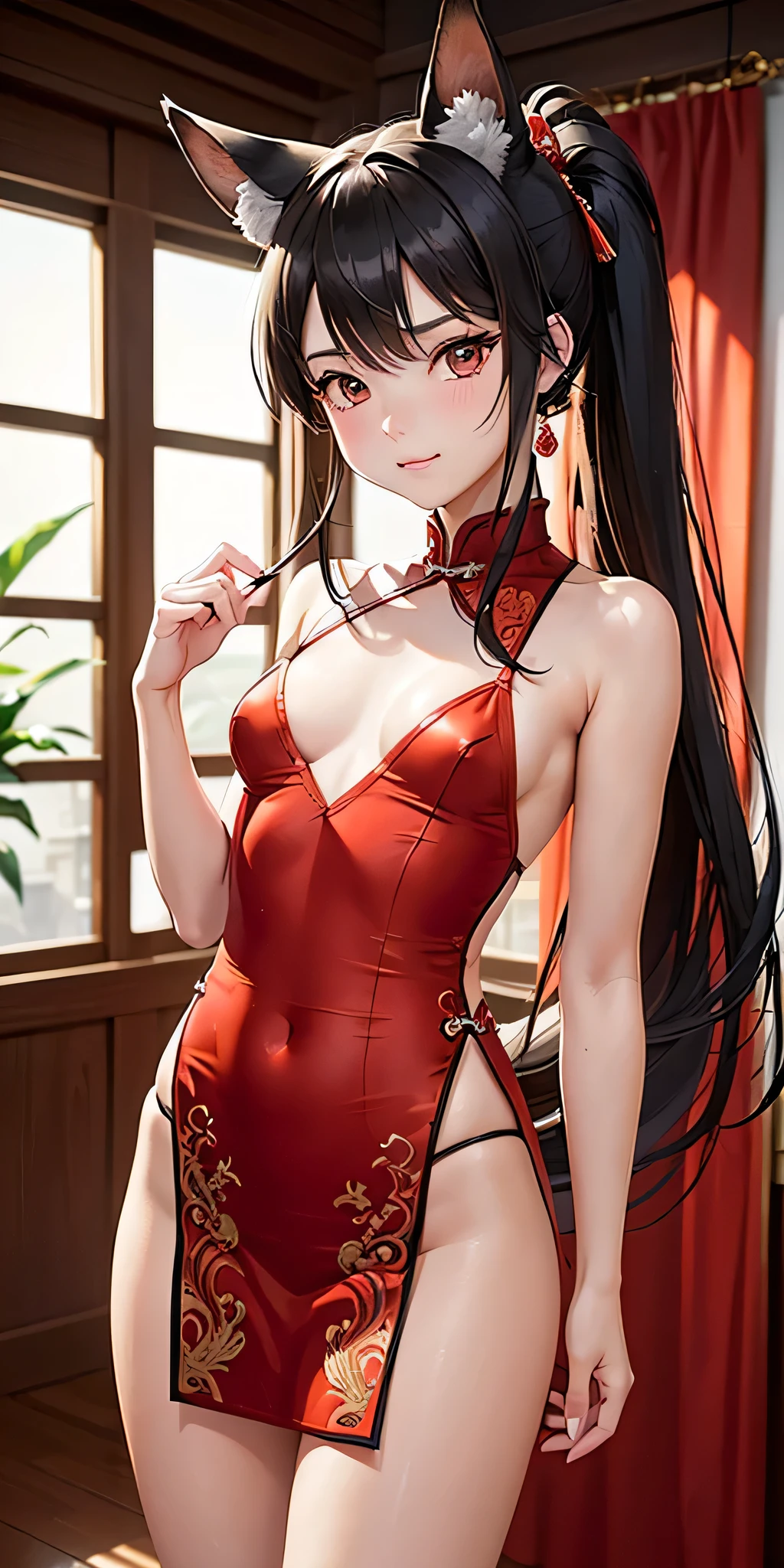(((professional: Step by step, taking into account even the smallest detail, God-level final result, all intricate details, cowboy shot, solo 1girl view))): "1 fox girl, ruby eyes, fox ears, fox tail, high ponytail, smug, cute, short black china dress, side full body, pelvic curtain, thigh ribbon, (pumps:1), (hugging own leg:1.1), chinese style, indoors, sharp focus, looking at viewer, (intricate:1.3), red light theme, (orange tone:0.7), illustration, random angle, see body ",+18,nsfw, see body nude