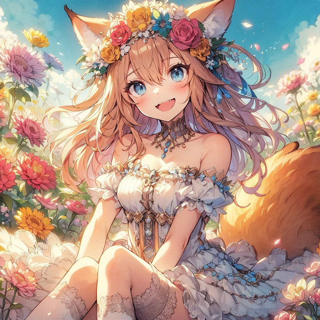 　(Exquisite, beautiful, Very detailed, masterpiece, high quality,High resolution),(Well-formed face,Soft and thin lines: 1.2, Beautiful and delicate illustrations with a mature and transparent feel),Beautiful flowers々Petals fluttering,A very small girl with fluffy, soft cat ears and a thin, long, flexible cat tail is meowing sweetly.,She is wearing off-the-shoulder, fluffy, soft clothes with lace, frills, and ribbons, and knee-high socks.,(Short eyebrows and pale pink blush, Plump pink lips,A small nose, a cat-like mouth with sharp Japanese fangs visible when smiling, and cat-like eyes.,She has a fairly large bust, an open chest, fair skin, a nice body, and a long, slender cat&#39;s tail.,),Dynamic angles with vibrant colors and striking colors,The American shorthair has a fluffy, soft coat., Meow!
