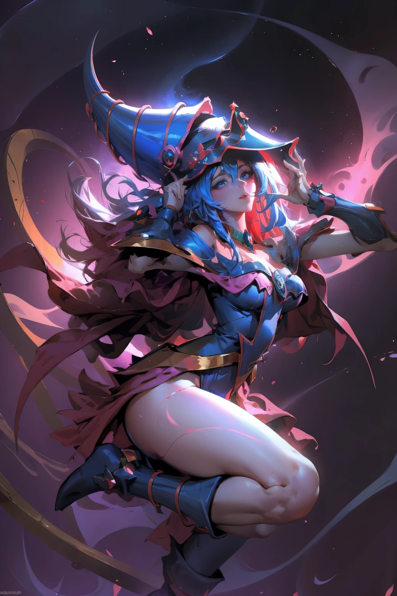 Dark magician gils levitando sobre un aro magico. Fantasy and magic background.. Pose sensual y sexy. Cabello rubio y largo. Ojos azules. Labios rojos.