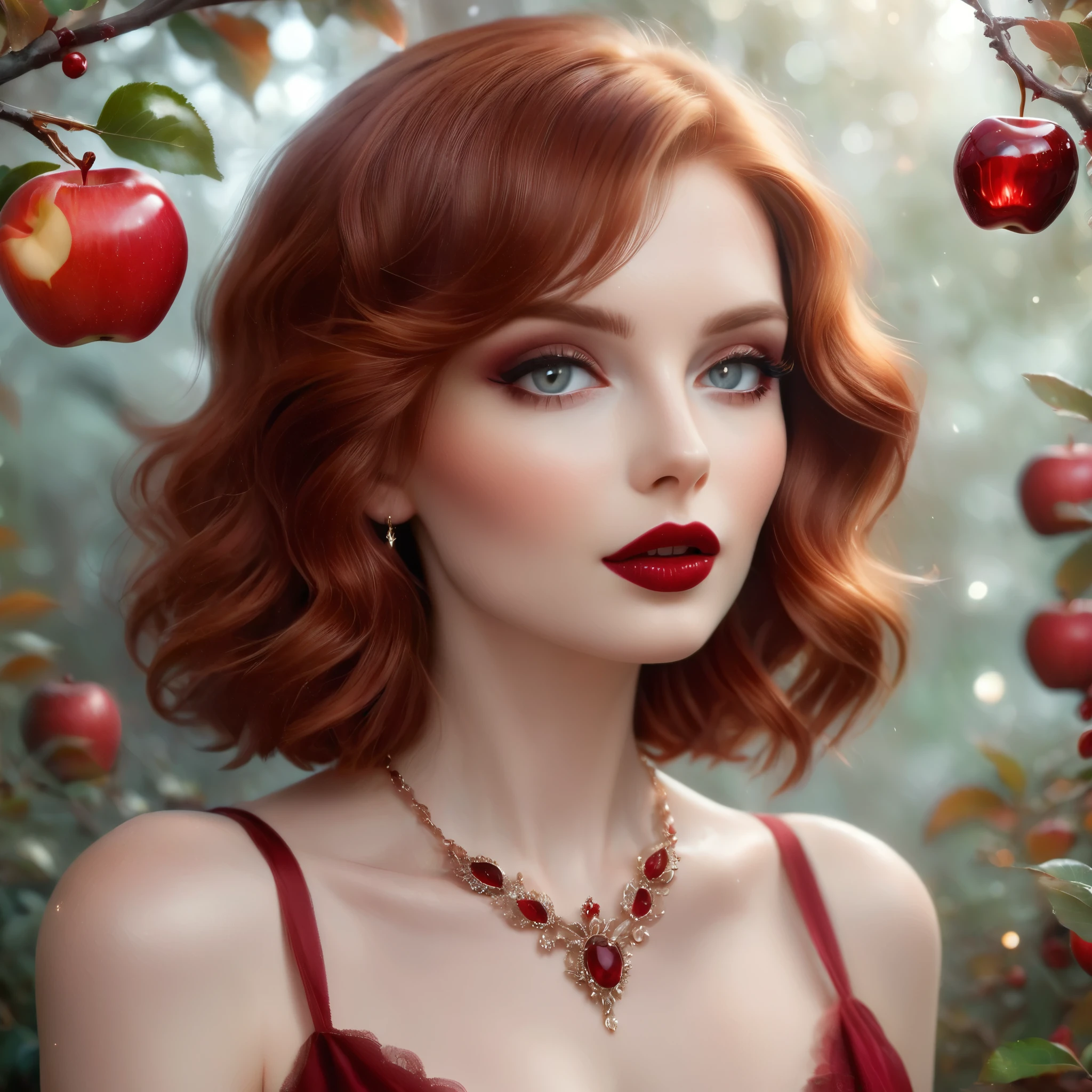 A stunning, enchanting woman with short, wavy auburn hair, adorned in an intricate, ruby-red jeweled necklace. Her striking makeup features bold, dark eye shadow and vibrant red lipstick. She holds a shiny red apple in her delicate hand. Beside her, a mystical bird with soft, ethereal feathers and an aura of light hovers gracefully. The background is a dreamy, autumnal blend of warm colors, with hints of golden and reddish leaves. The overall ambiance is magical and otherworldly, with a focus on rich details and vibrant colors.