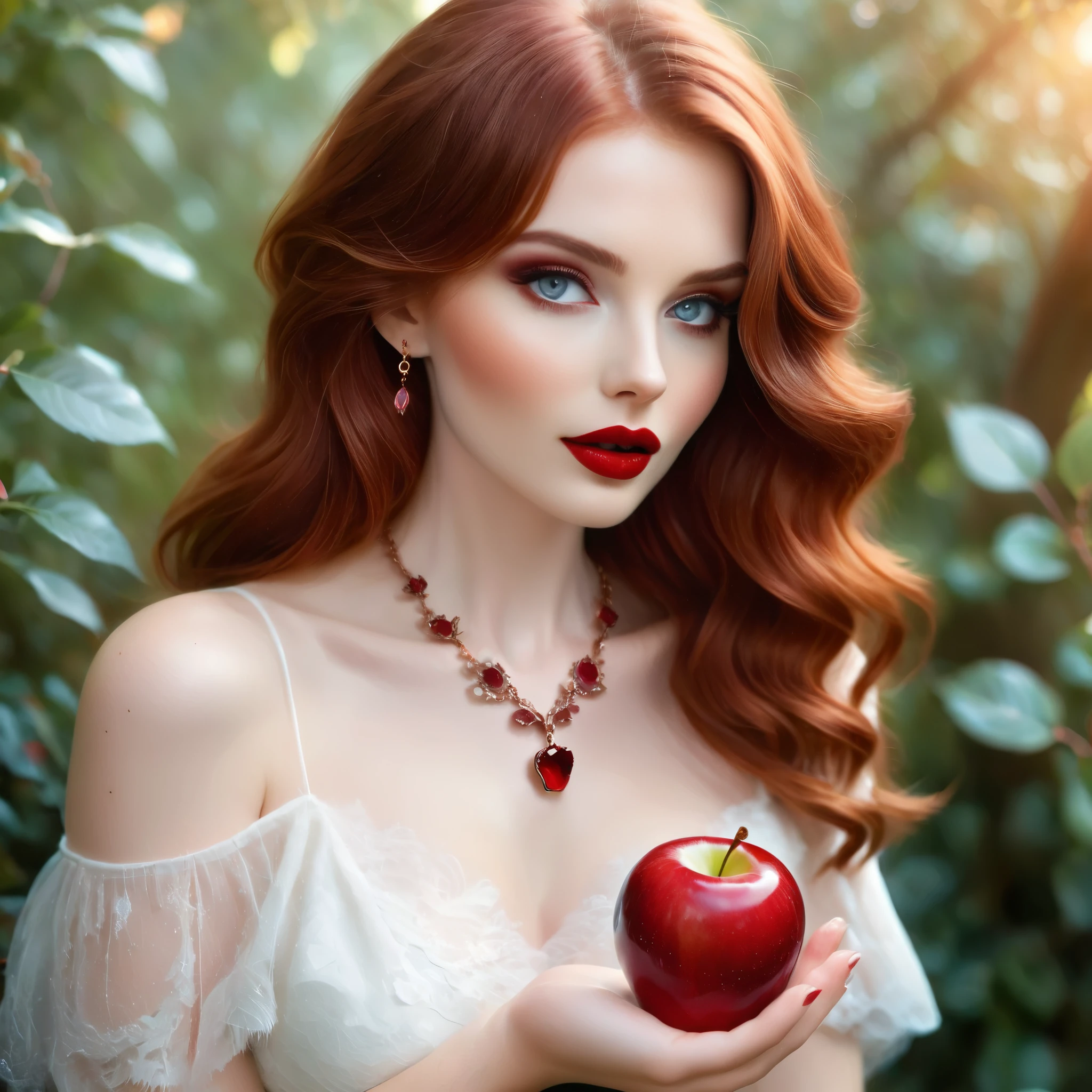 A stunning, enchanting woman with short, wavy auburn hair, adorned in an intricate, ruby-red jeweled necklace. Her striking makeup features bold, dark eye shadow and vibrant red lipstick. She holds a shiny red apple in her delicate hand. Beside her, a mystical bird with soft, ethereal feathers and an aura of light hovers gracefully. The background is a dreamy, autumnal blend of warm colors, with hints of golden and reddish leaves. The overall ambiance is magical and otherworldly, with a focus on rich details and vibrant colors.