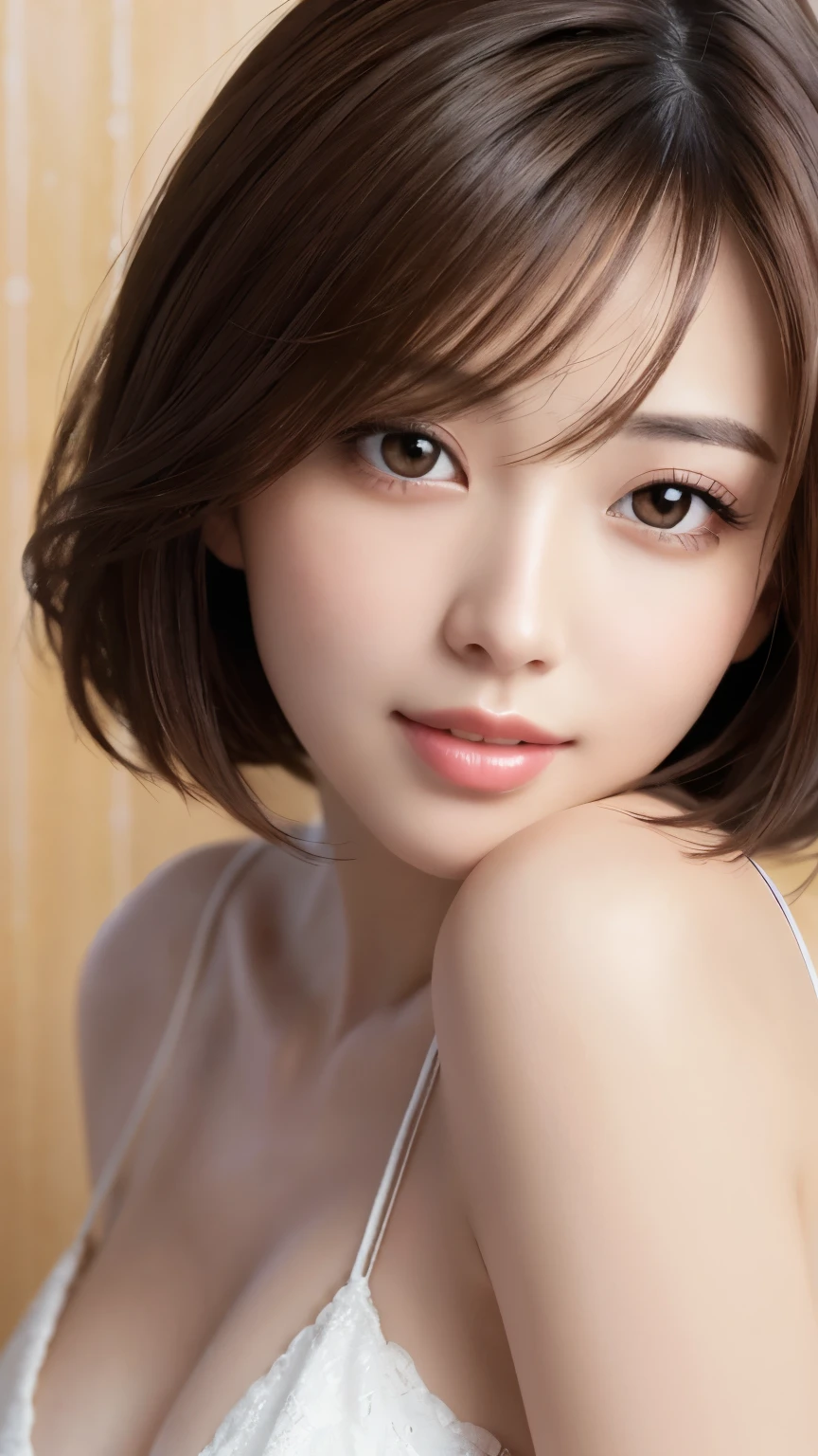 masterpiece、highest quality、High resolution、Tabletop、wallpaper、Realistic、Bright lighting、Professional Lighting、Face Light、Smooth lighting、Japanese women、Adult、Beautiful woman、action、gravure、sexy、so beautiful、Beautiful Skin、Beautiful and detailed、Detailed face、slim、short hair、Brunette colored hair、Brown eyes、Looking at the camera