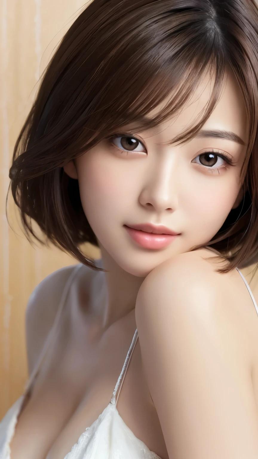 masterpiece、highest quality、High resolution、Tabletop、wallpaper、Realistic、Bright lighting、Professional Lighting、Face Light、Smooth lighting、Japanese women、Adult、Beautiful woman、action、gravure、sexy、so beautiful、Beautiful Skin、Beautiful and detailed、Detailed face、slim、short hair、Brunette colored hair、Brown eyes、Looking at the camera