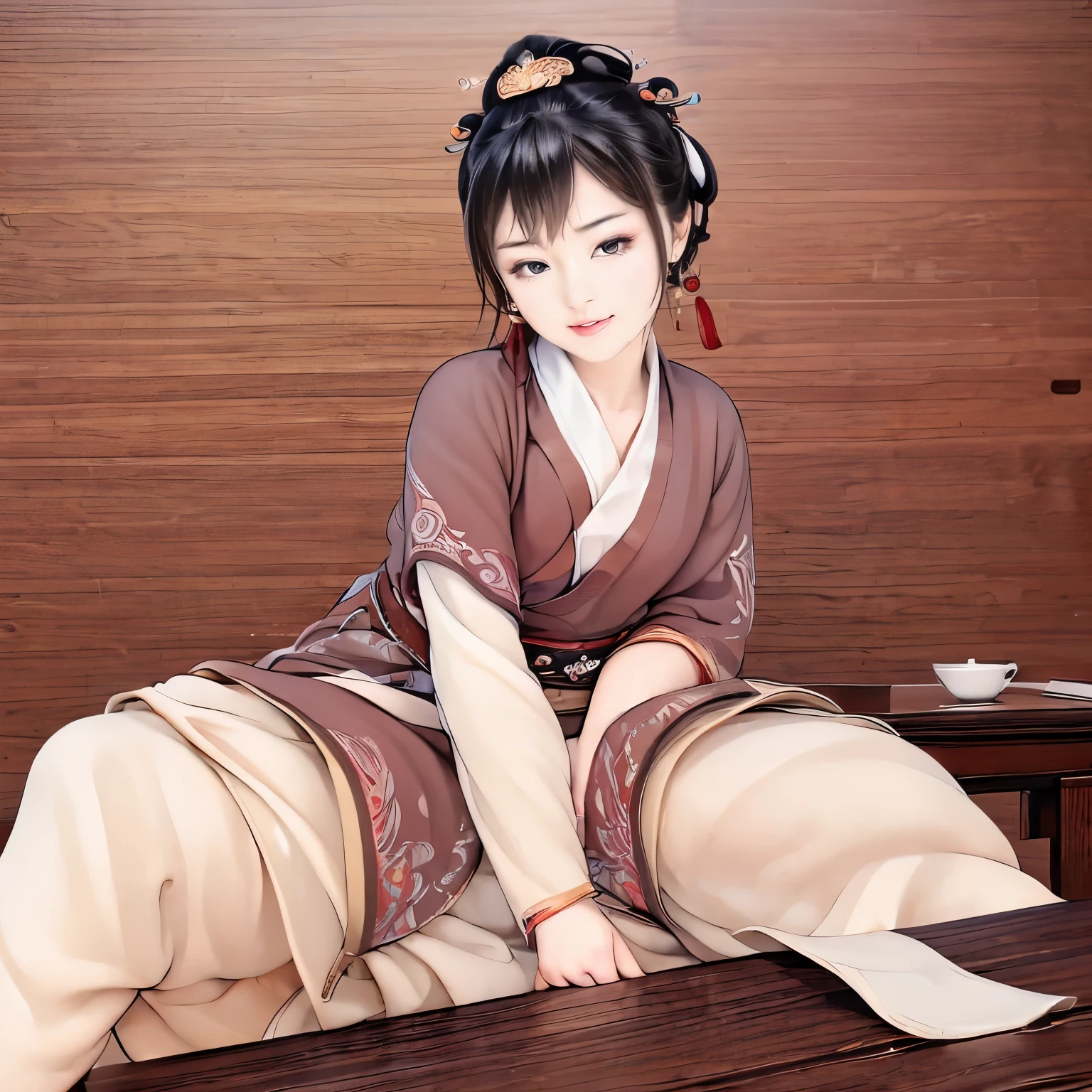 ((Chinese traditional ink image, hanfu)), eyes realistic sizing, drooping eyes, smiling, spread legs, (((hit her crotch against the table corner for masturbation, orgasm))), old fashion,