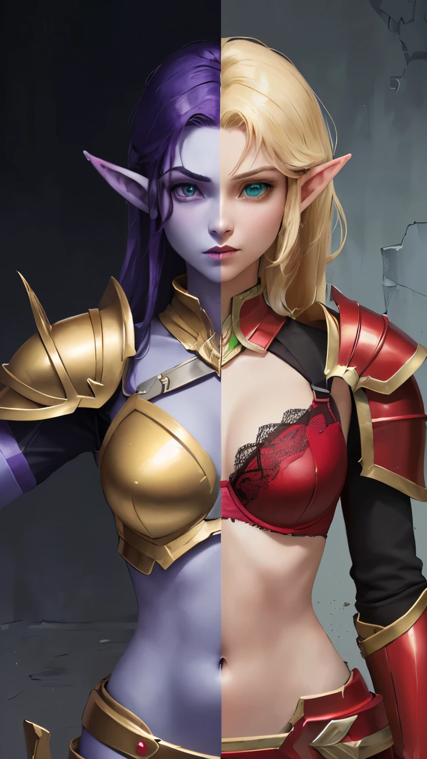 (Highly quality, highly resolutions, highly detailed, masterpiece) Forest background, angry, clenched teeth, ((SplitScreen,  splitscreen, slim body, 1girl, green eyes, blood elf, Elf, pointy ears, blonde hair, natural skin, red Armor, red bra, armored bra, breastplate, gold trim armor, shoulder pads, red shoulder pads, Navel, Abdomen, sexy)), vs, ((SplitScreen,  splitscreen, slim body, 1girl, light blue eyes, void elf, elf, pointy ears, purple hair, colored skin, blue skin, purple armor, purple bra, armored bra, breastplate, Gold trim armor, shoulder pads, purple shoulder pads, navel, Abdomen, sexy,))