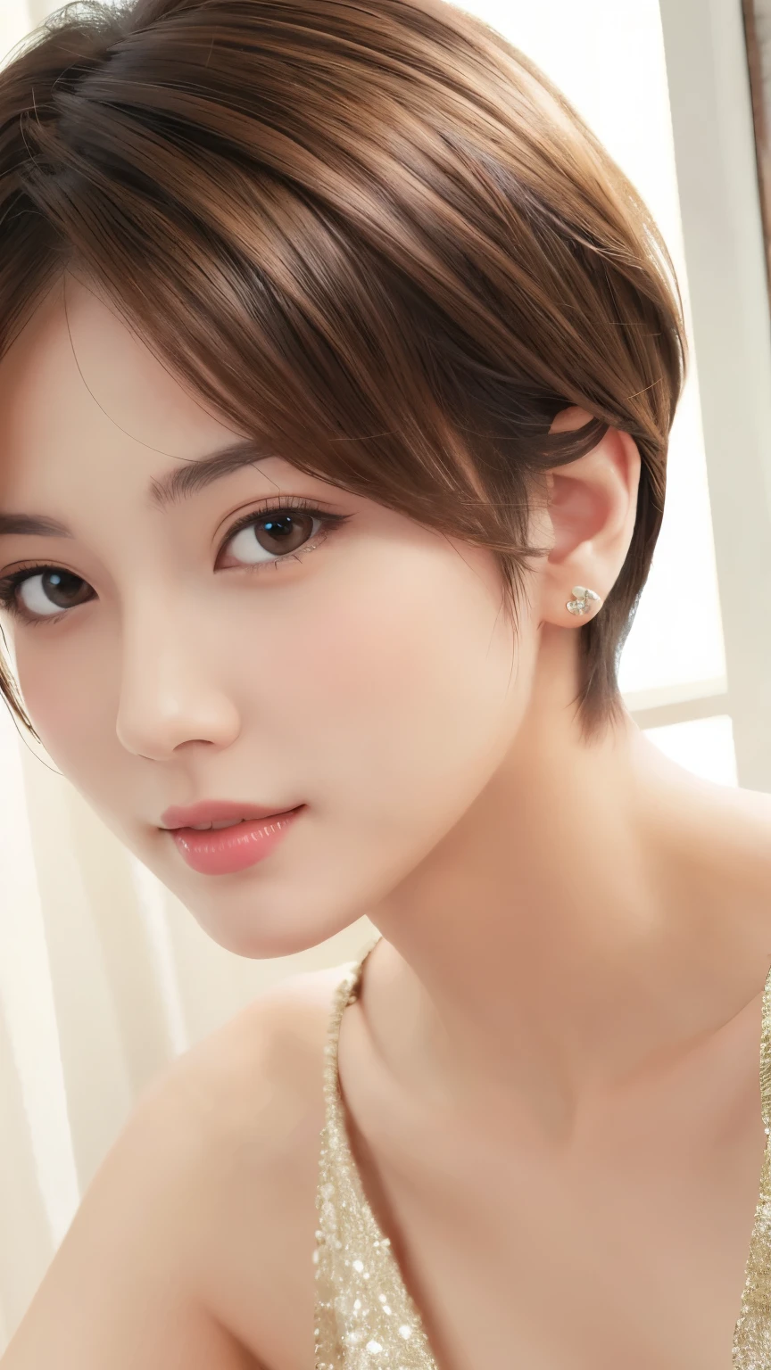 masterpiece、highest quality、High resolution、Tabletop、wallpaper、Realistic、Bright lighting、Professional Lighting、Face Light、Smooth lighting、Japanese women、Adult、Beautiful woman、action、gravure、sexy、so beautiful、Beautiful Skin、Beautiful and detailed、Detailed face、slim、short hair、Brunette colored hair、Brown eyes、Looking at the camera