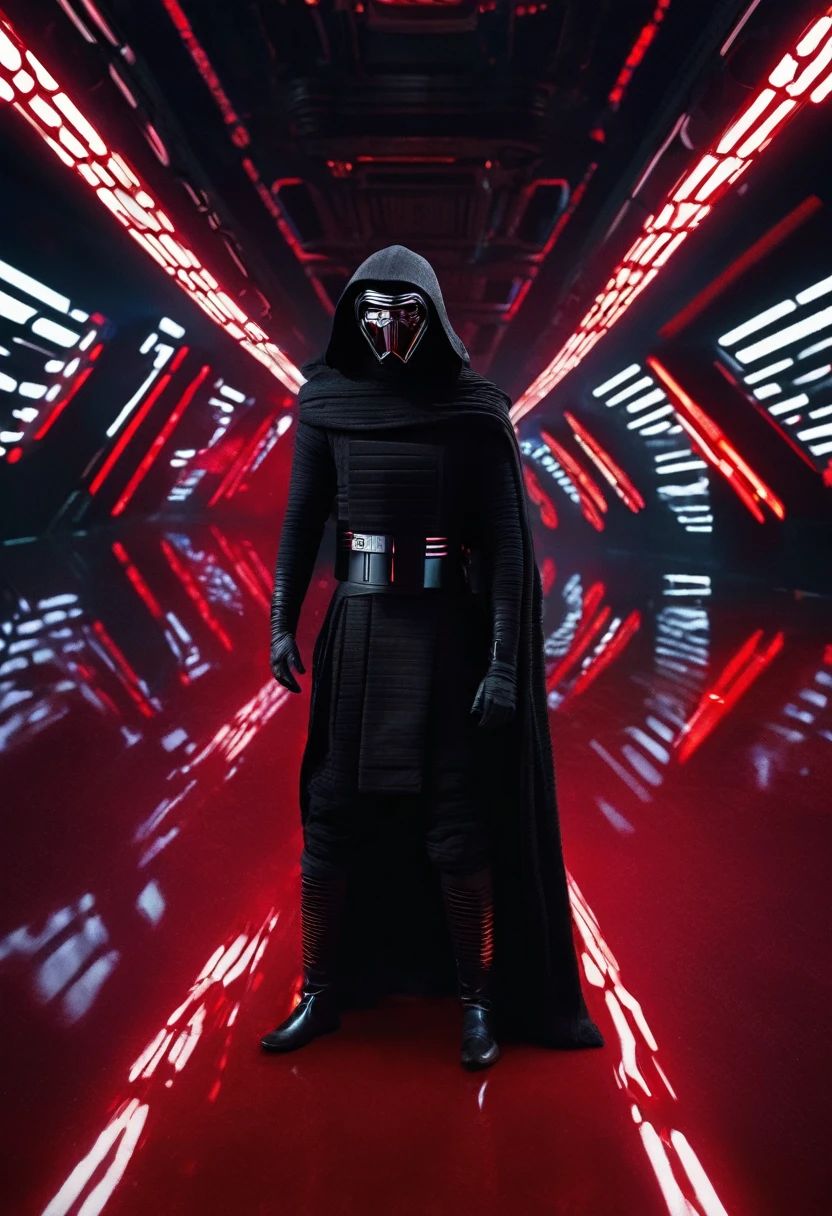 hombre rapado en un traje negro sosteniendo un sci - fior, Kylo Ren, vistiendo uniforme sith negro, un agente imperial de star wars, en una secuela de star wars, still from the movie starwars 2019, in the movie 2 0 1 9 starwars, kylo ren