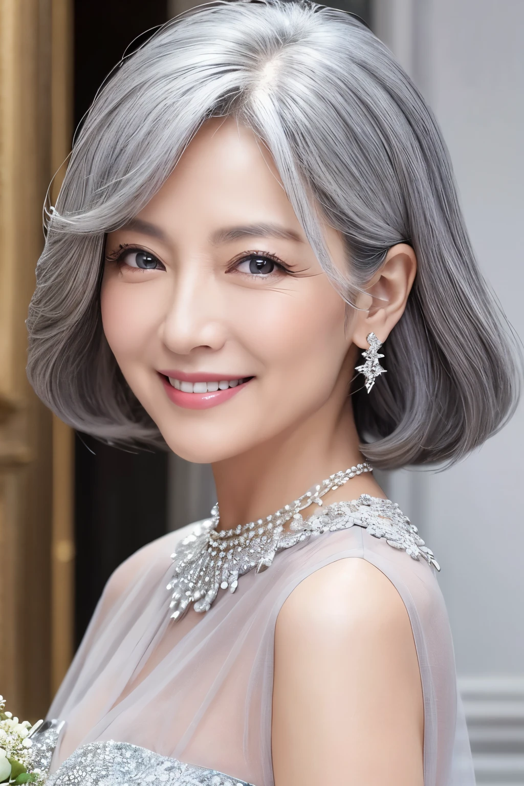62 years old。smile、Your eyes are sparkling、Gray Hair、upper class、dignity、haute couture、