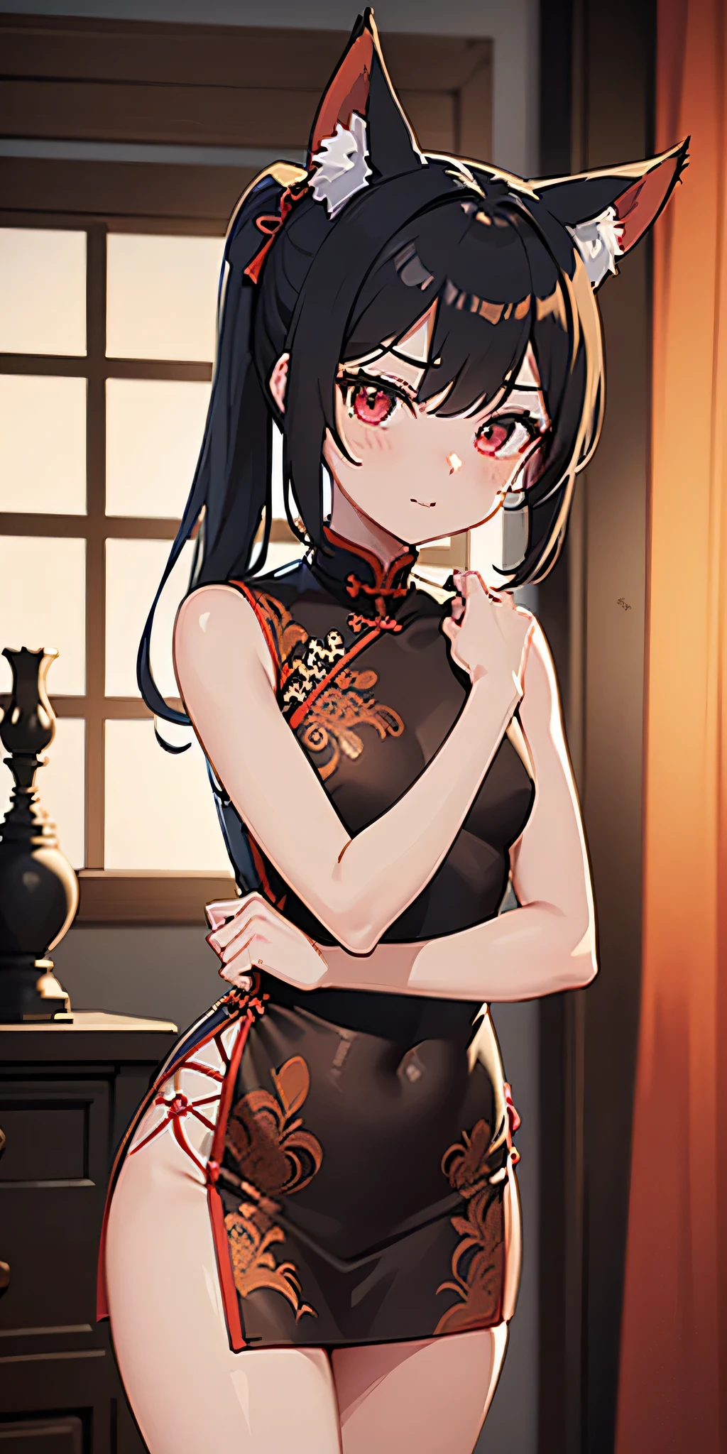 (((professional: Step by step, taking into account even the smallest detail, God-level final result, all intricate details, cowboy shot, solo 1girl view))): "1 fox girl, ruby eyes, fox ears, fox tail, high ponytail, smug, cute, short black china dress, side full body, pelvic curtain, thigh ribbon, (pumps:1), (hugging own leg:1.1), chinese style, indoors, sharp focus, looking at viewer, (intricate:1.3), red light theme, (orange tone:0.7), illustration, random angle, see body, nude ",+18,nsfw