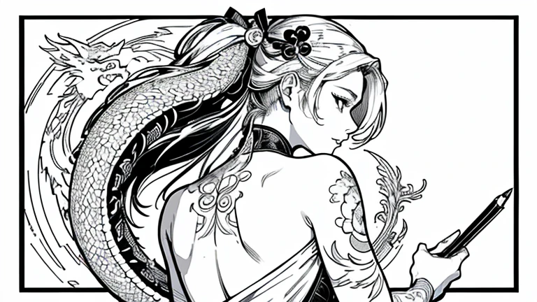 chinese dragon tattoo on the back, (by Yuko Higuchi:1.4),Higuchi Yuko,(by Yoh:1.2),(masterpiece,best quality, Beauty and aesthetics:1.2),(ultra-detailed), finely detailed ,best illustration,hand drawn high quality,(High contrast),(clean lines:1.3),(lineart), line drawing, (Intricate lineractal art, pen drawing,ukiyo-e style,Wraparound composition, female perfect body, chinese dragon tattoo on the back, back view, line art ,(Intricate details),(detailed background:1.2),(colorful),High Resolution, fullbody///