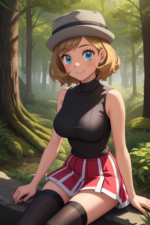 pkmnserena, 1girl, solo, blue eyes, blonde hair, short hair, bangs, hat, grey headwear,
black shirt, turtleneck, sleeveless, red skirt, pleated skirt, black thighhighs,
smile,closed mouth,cowboy shot,sitting,
forest,outdoor,
(insanely detailed, beautiful detailed face, masterpiece, best quality) cinematic lighting,